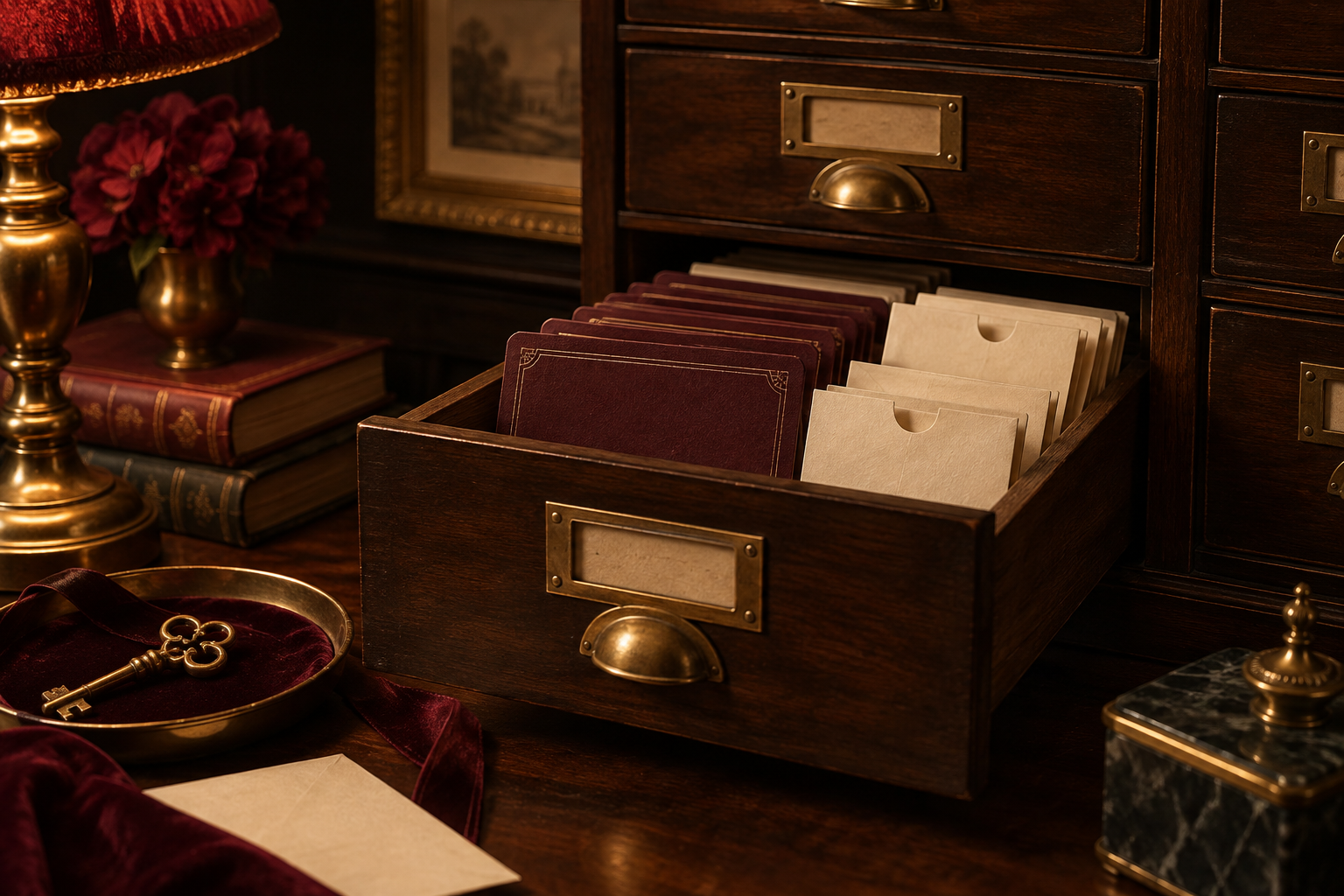 An antique archive drawer with cards, envelopes, and a brass key