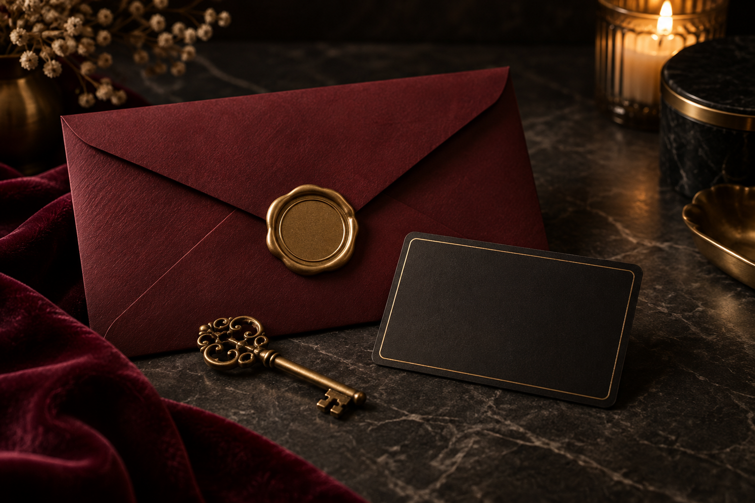 A sealed burgundy envelope, brass key, and blank membership card